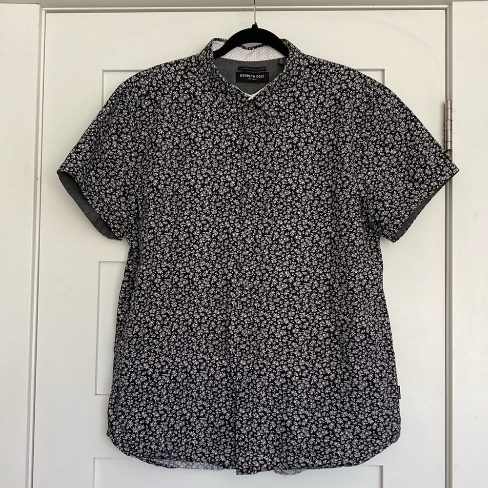 Kenneth Cole Men’s Dress Shirt Short Sleeve Floral Black and White XL 100 Cotton